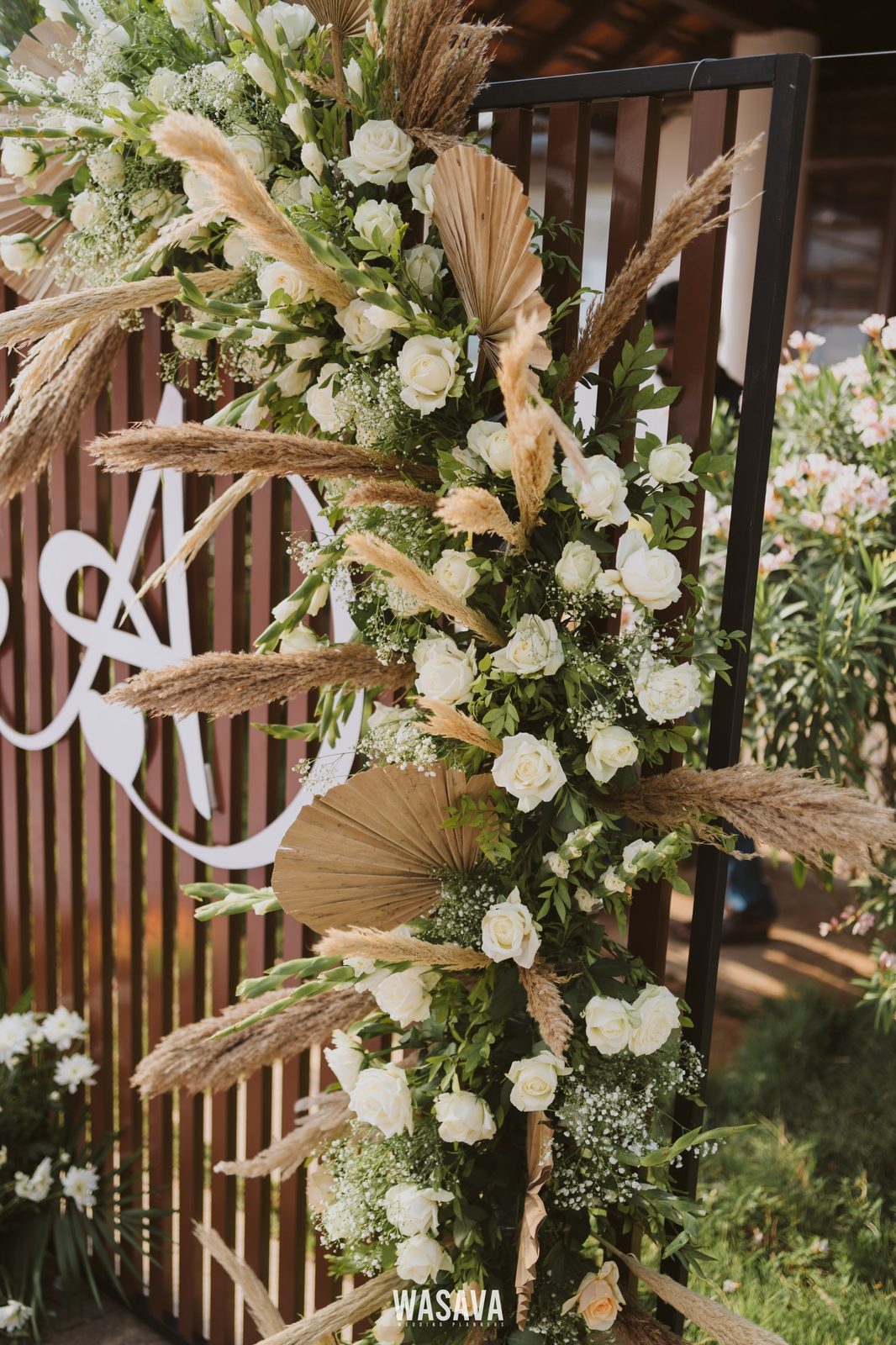 Palm, Pampas & Garden Rose — floral craft by Wasava Wedding Planners at Wasava Atelier, Kannur, Kerala