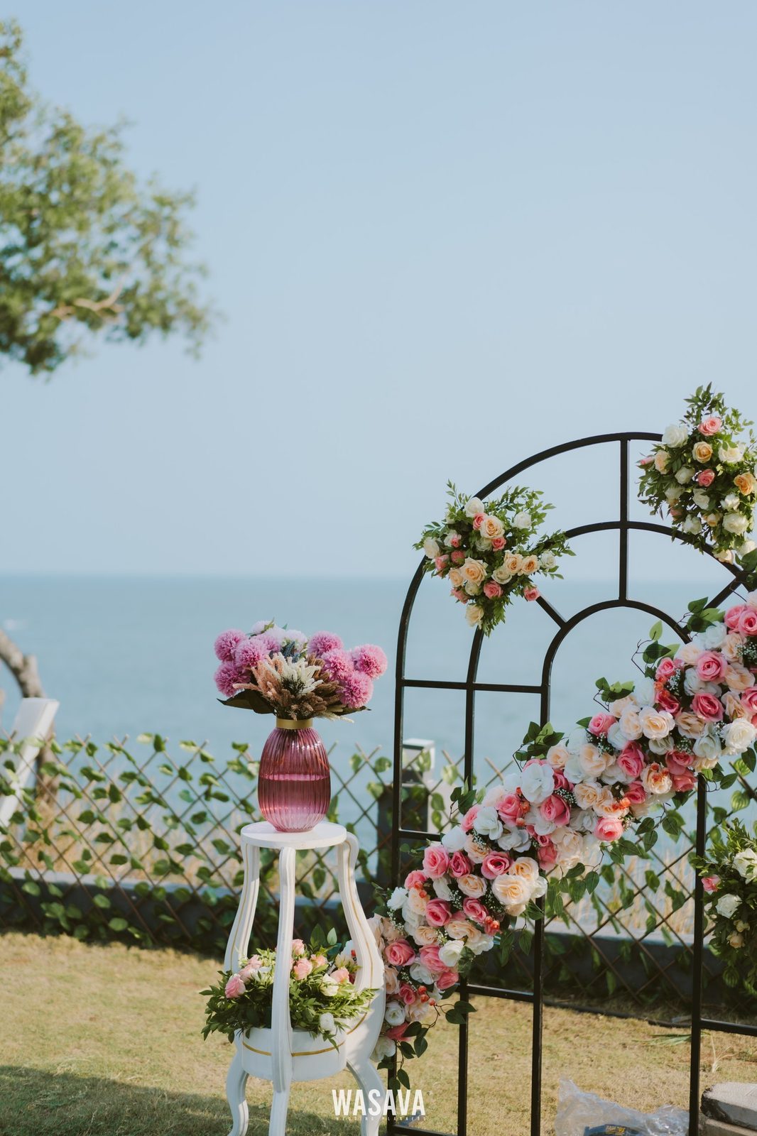 Oceanfront Engagement Stage — stage & decor by Wasava Wedding Planners at Baby Beach, Kannur, Kerala