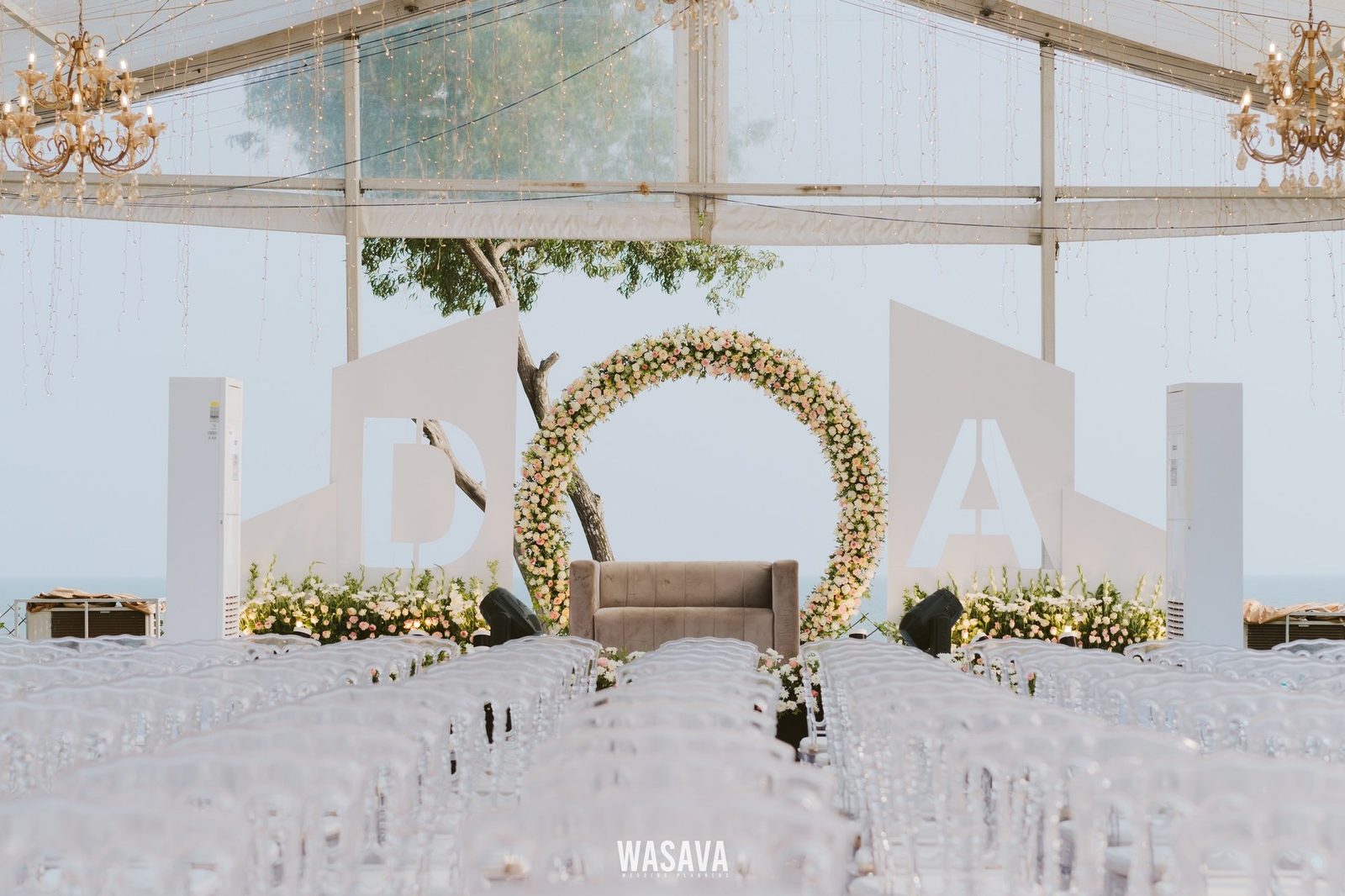 Marquee Interior at Golden Hour — banquet & reception by Wasava Wedding Planners at Wasava Cliff House, Kannur, Kerala